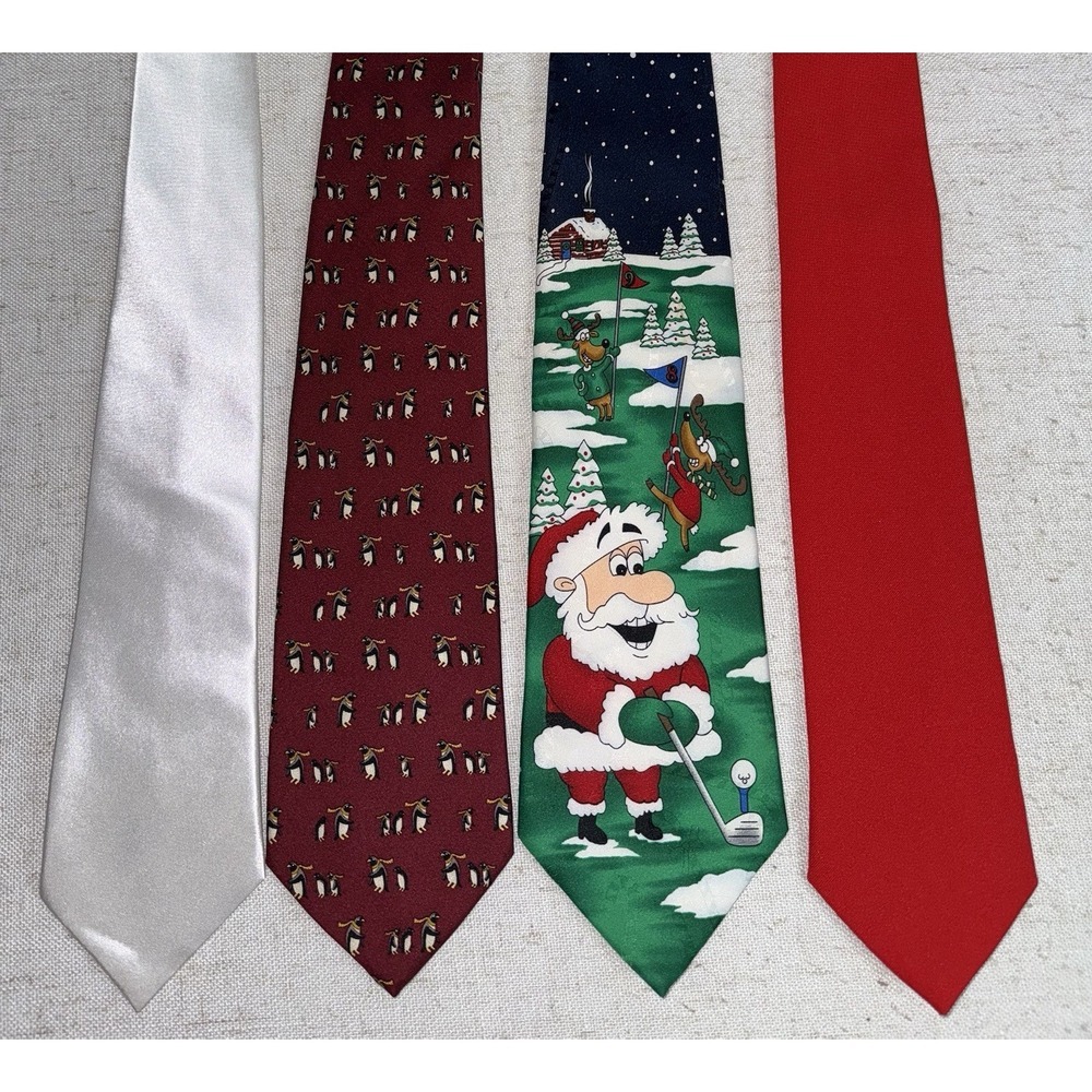 Men's Neck‎ Tie NeckTie LOT of 4 Christmas Tipsy Elves Yule Greetings Penguin
